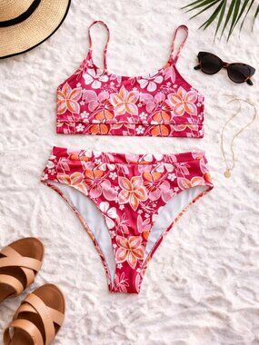 Tropical Floral Bikini Set Pink Orange High Waist Swim L XL